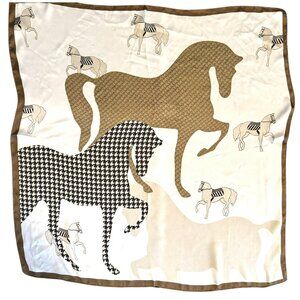 White & Brown Satin Houndstooth Horse Print Scarf, Square 27" x 27"